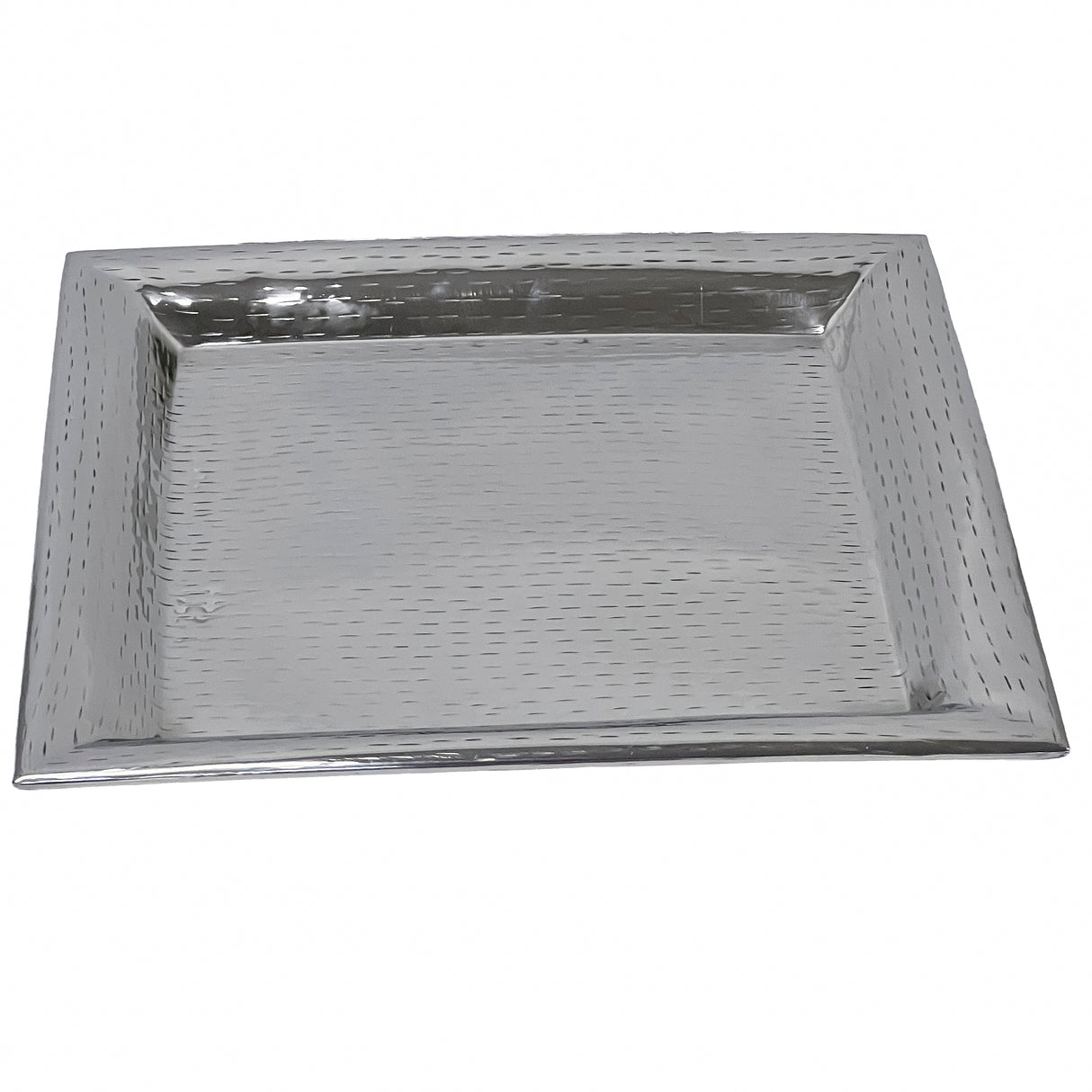 A rectangular Remington Collection tray with a hammered texture, slightly raised edges, and a shiny silver finish. This stainless steel tray is empty and photographed against a plain white background.