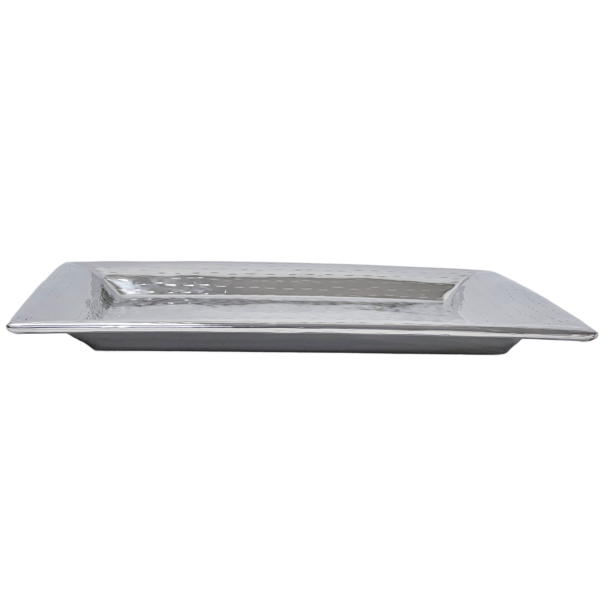 A rectangular, silver Remington Collection tray with a slightly raised rim and a shallow, hammered texture. This modern, minimalist stainless steel tray is dishwasher safe and shown against a plain white background.