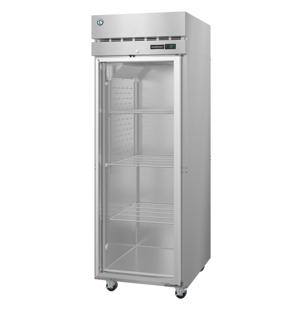 A tall, stainless steel Hoshizaki reach-in refrigerator with a glass front door, three wire shelves inside, digital display panel at the top, and wheels for mobility. Both interior and exterior have a clean, industrial look.