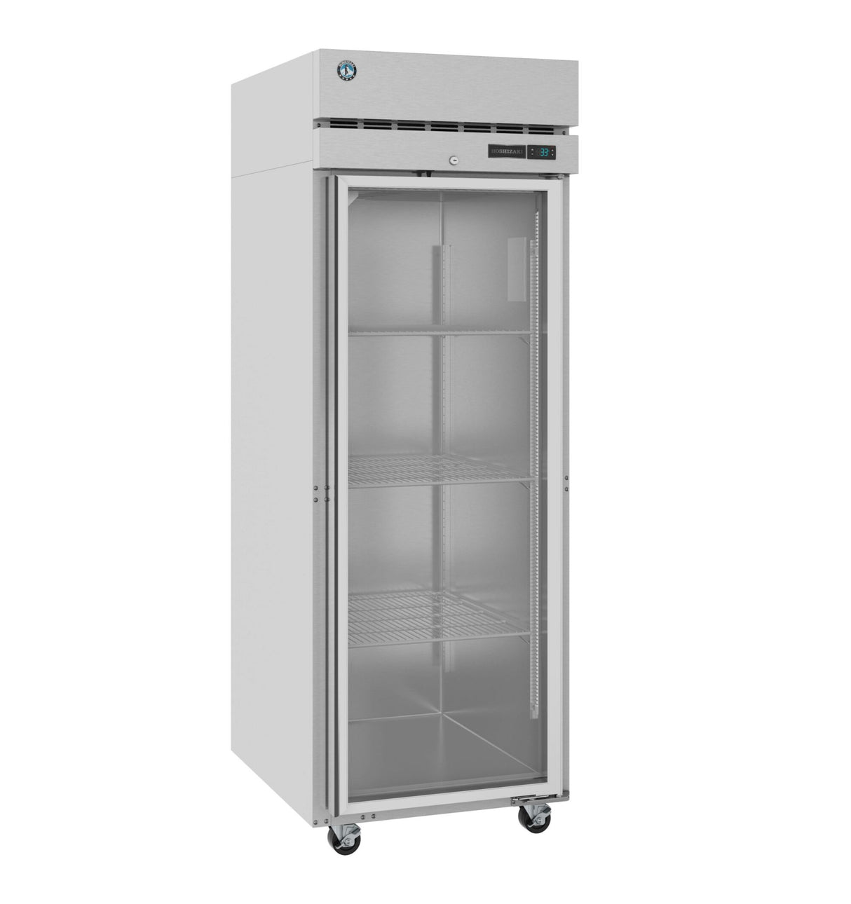 A tall Hoshizaki Steelheart Series reach-in refrigerator with a transparent glass door, three wire shelves, and caster wheels. The top section features a digital temperature display and control panel on the right. The fridge is empty.