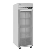 A tall Hoshizaki Steelheart Series reach-in refrigerator with a transparent glass door, three wire shelves, and caster wheels. The top section features a digital temperature display and control panel on the right. The fridge is empty.