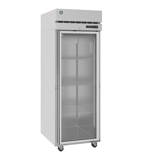 A tall Hoshizaki Steelheart Series reach-in refrigerator with a transparent glass door, three wire shelves, and caster wheels. The top section features a digital temperature display and control panel on the right. The fridge is empty.