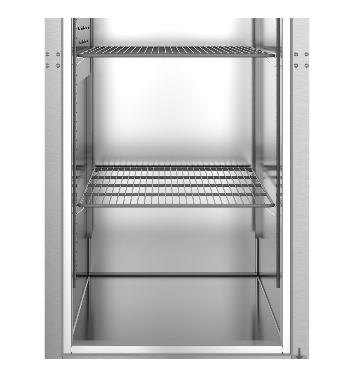A view of an empty Hoshizaki Steelheart Series Freezer interior with two wire shelves and reflective metal walls. The shelves are evenly spaced, and the well-lit reach-in freezer displays its clean storage space.