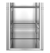 A view of an empty Hoshizaki Steelheart Series Freezer interior with two wire shelves and reflective metal walls. The shelves are evenly spaced, and the well-lit reach-in freezer displays its clean storage space.