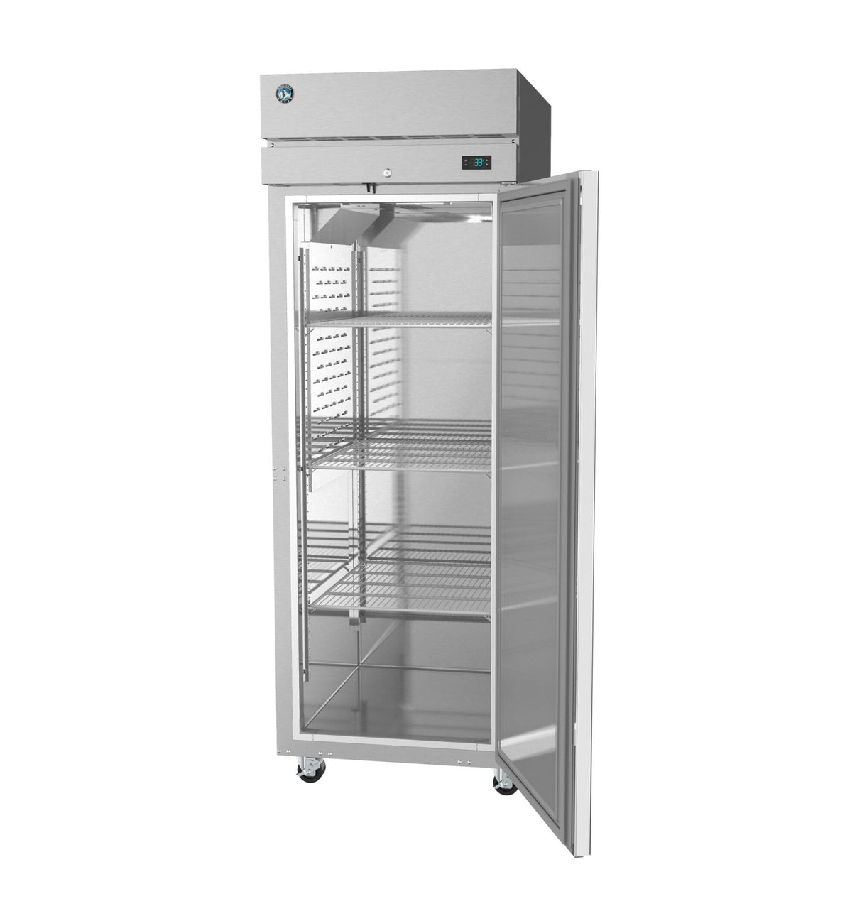 A tall, stainless steel Hoshizaki Steelheart Series reach-in refrigerator with a transparent glass door stands open. Inside are four wire shelves, while wheels enhance mobility and a digital display sits on the top front panel against a plain white background.