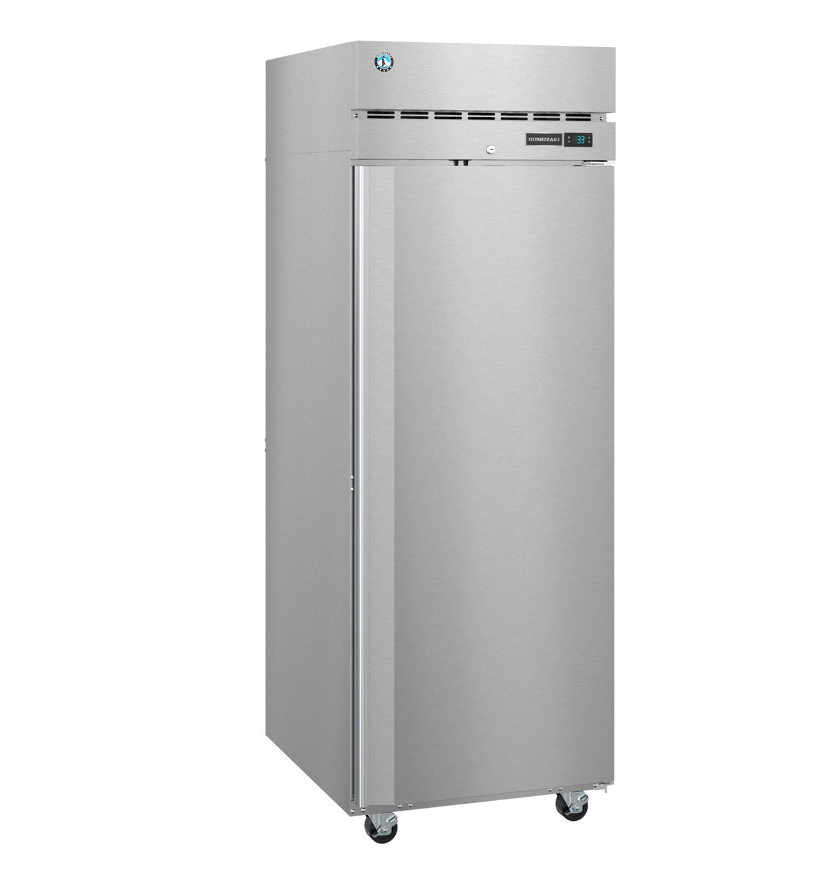 The Hoshizaki Steelheart Series Refrigerator is a commercial stainless steel reach-in refrigerator with a single solid door, digital display, vented top panel, and four caster wheels. Its smooth, reflective surface showcases a modern, industrial design.