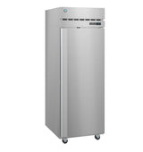 The Hoshizaki Steelheart Series Refrigerator is a commercial stainless steel reach-in refrigerator with a single solid door, digital display, vented top panel, and four caster wheels. Its smooth, reflective surface showcases a modern, industrial design.