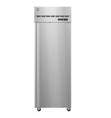 A tall, stainless steel Hoshizaki Steelheart Series reach-in refrigerator with a single door, digital temperature display, and top ventilation grille. Sleek and industrial design on caster wheels makes it ideal for professional kitchens.