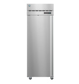 A tall, single-door Steelheart Series Refrigerator on wheels, this ENERGY STAR reach-in refrigerator features a digital display near the top right, ventilation slots above the door, and a minimalist, industrial stainless steel design.