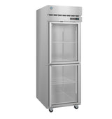 A tall, commercial Steelheart Series Refrigerator with two clear glass doors, metal shelves inside, and four caster wheels at the base. This reach-in refrigerator features a digital display and ventilation grate at the top front. The interior is empty.