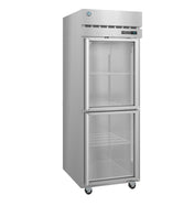 A tall, commercial Steelheart Series Refrigerator with two clear glass doors, metal shelves inside, and four caster wheels at the base. This reach-in refrigerator features a digital display and ventilation grate at the top front. The interior is empty.