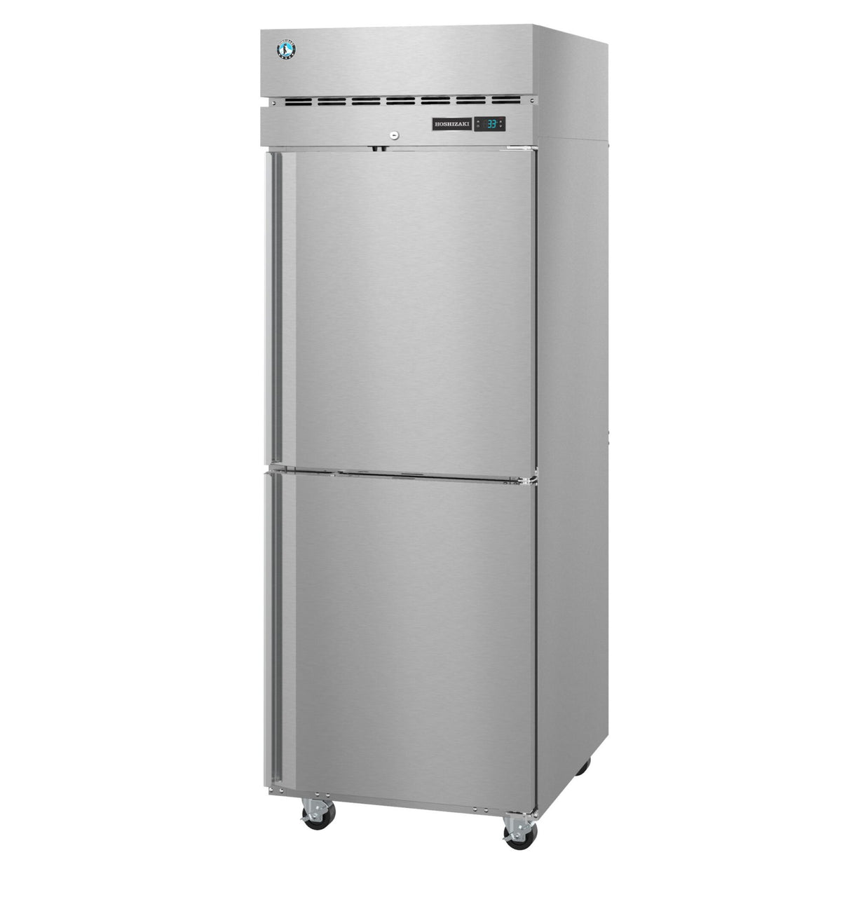 A tall, reach-in refrigerator with two vertically stacked doors, digital display panel, and ventilation grilles at the top. This Steelheart Series Refrigerator stands on four wheels and features a sleek, industrial brushed stainless steel finish.