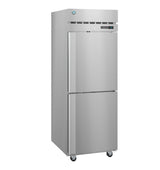 A tall, stainless steel reach-in refrigerator with two separate doors, digital display, vents at the top, and wheels for mobility, shown at a slight angle on a plain white background.