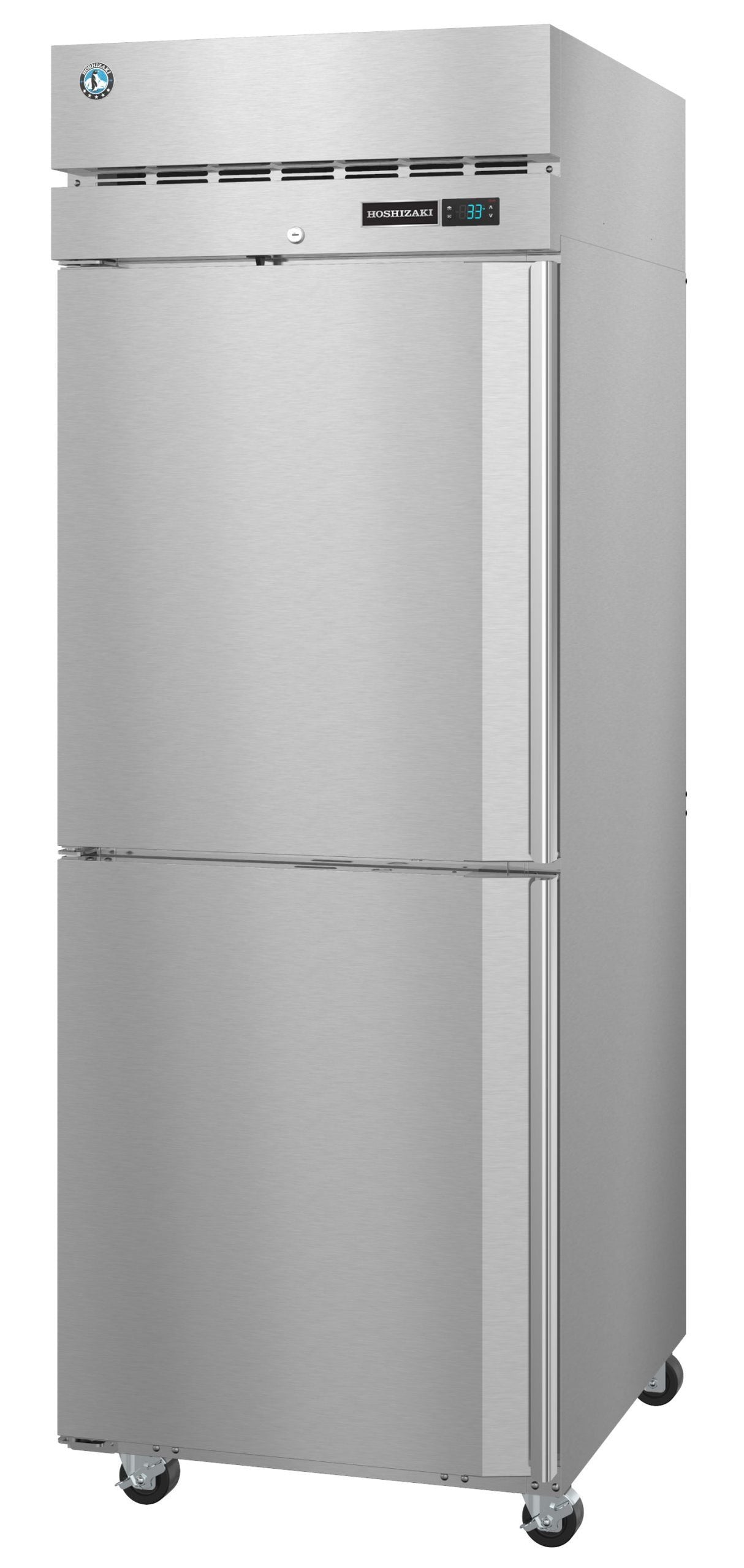 A tall, stainless steel Steelheart Series reach-in refrigerator with two separate doors, digital temperature display, a ventilation panel on top, and four caster wheels. Its smooth surface and industrial design make it an efficient ENERGY STAR refrigerator choice.