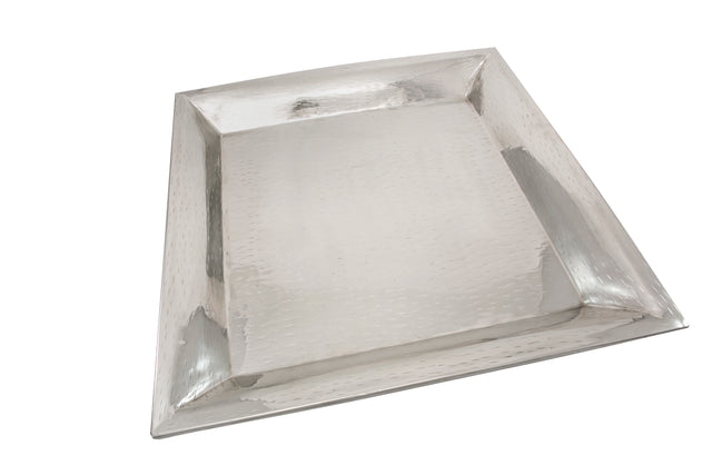 A rectangular, slightly concave 18/8 stainless steel tray with a hammered texture and raised edges. This reflective, silver Remington Collection Tray is photographed against a white background.