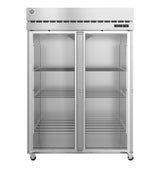 A Steelheart Series reach-in refrigerator with two clear glass doors, six adjustable wire shelves, and four wheels at the base. The refrigerator is empty, with a digital control panel visible in the top right corner on the front.