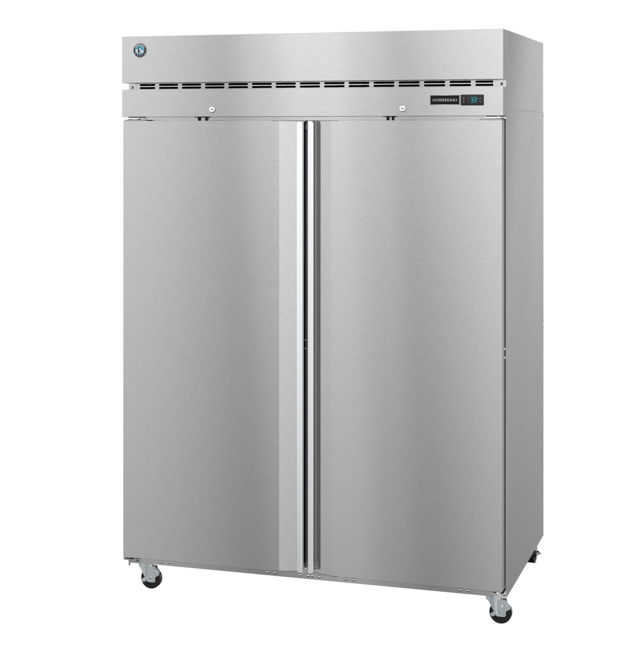 A large, commercial Hoshizaki Steelheart Series Refrigerator with two vertical doors, a top-mounted vent, small digital display, and caster wheels. The smooth, reflective surface is typical of industrial reach-in refrigerators for kitchens.