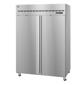 A large, commercial Hoshizaki Steelheart Series Refrigerator with two vertical doors, a top-mounted vent, small digital display, and caster wheels. The smooth, reflective surface is typical of industrial reach-in refrigerators for kitchens.