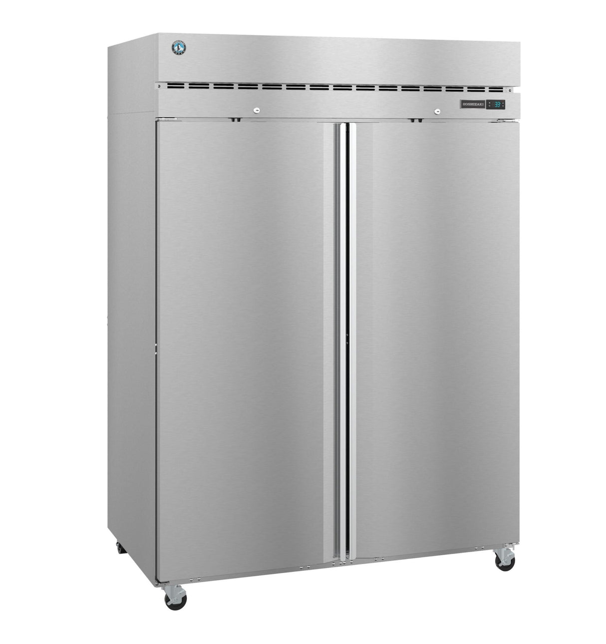 A large, stainless steel Hoshizaki Steelheart Series reach-in refrigerator with two tall doors, a top-mounted digital display, and a ventilation grille. Sleek and industrial, it stands on caster wheels for mobility—ideal for kitchens or food service environments.