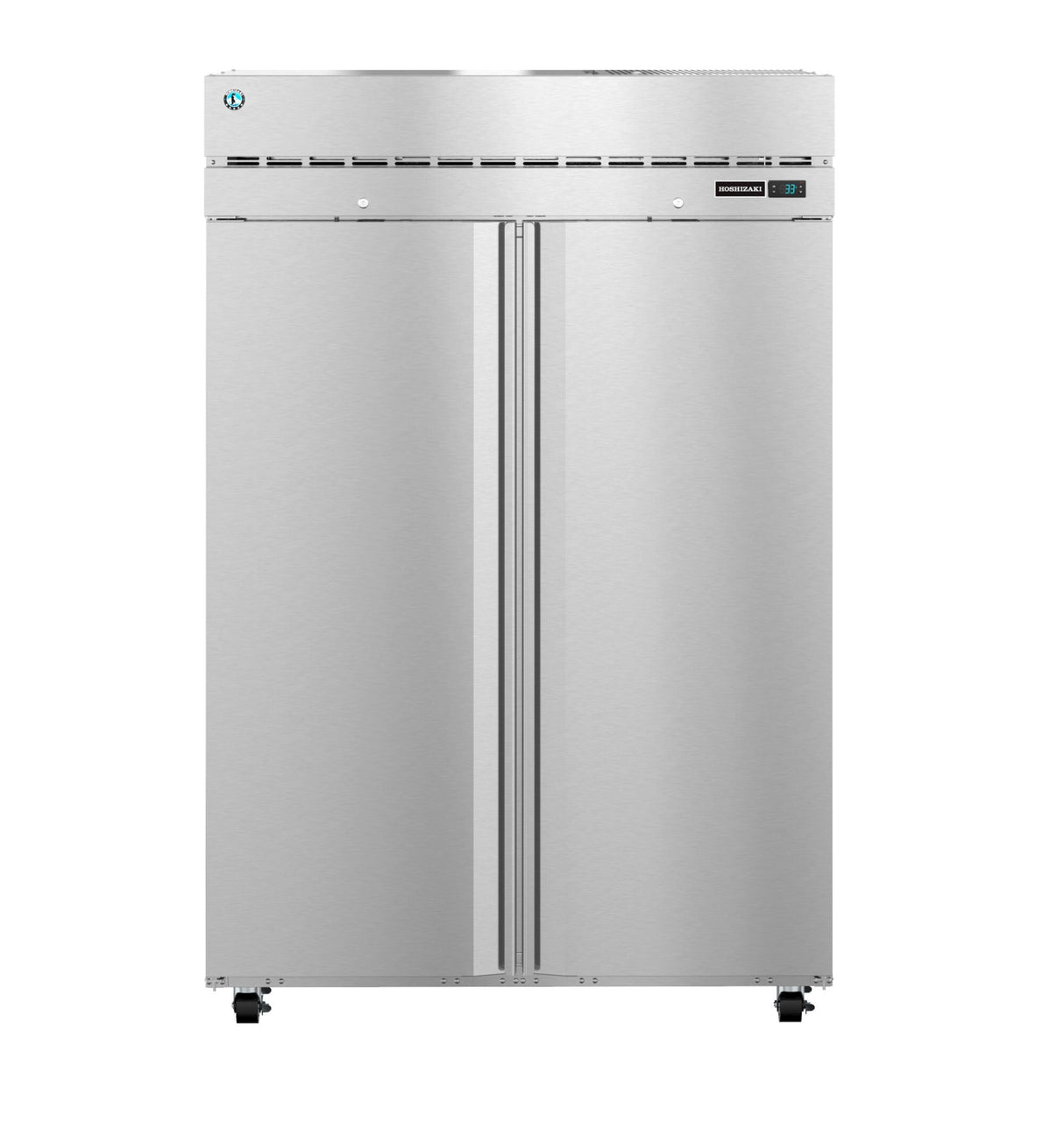 A large, stainless steel Hoshizaki reach-in refrigerator with two vertical doors, digital display, vent grilles at the top, and small wheels at the bottom, stands against a plain white background.