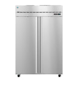 A large, stainless steel Hoshizaki reach-in refrigerator with two vertical doors, digital display, vent grilles at the top, and small wheels at the bottom, stands against a plain white background.