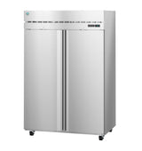 A large Hoshizaki Steelheart Series Refrigerator with two tall doors, vertical handles in the center, and a digital display on the upper right. This reach-in refrigerator stands on four small wheels for mobility and has a vented panel on top.