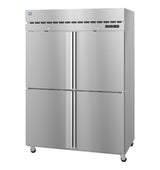 A large Hoshizaki Steelheart Series Refrigerator with four vertical doors and handles. This stainless steel, reach-in refrigerator features ventilation slats, a digital control panel on the upper right, and stands on four wheels for mobility.