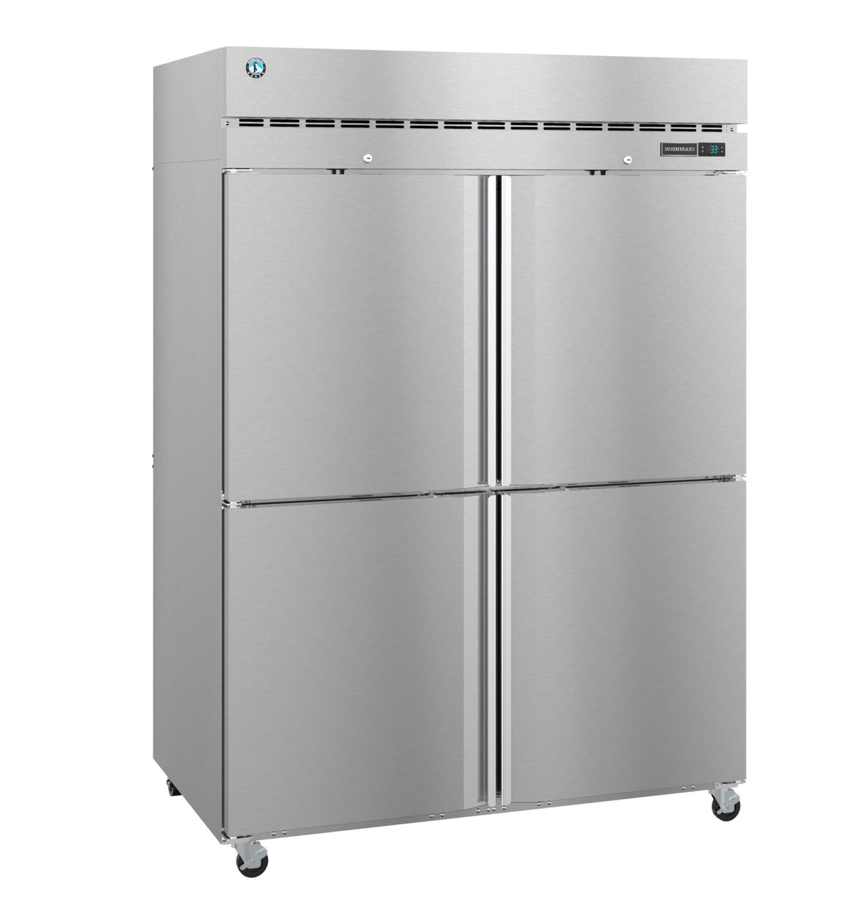A large Hoshizaki Steelheart Series Refrigerator with four vertical doors, two on top and two on bottom. The unit features a digital display on the top right door and sits on caster wheels, ideal for any commercial kitchen.