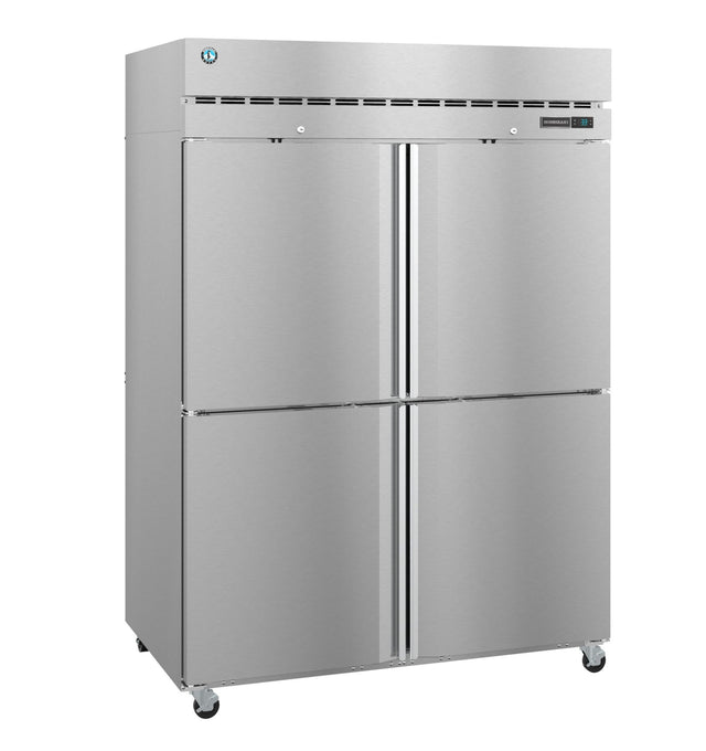 A large Hoshizaki Steelheart Series Refrigerator with four vertical doors, two on top and two on bottom. The unit features a digital display on the top right door and sits on caster wheels, ideal for any commercial kitchen.