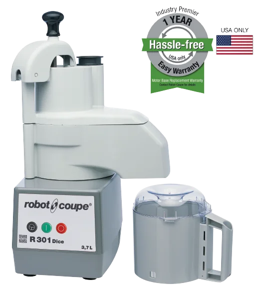 A silver and gray Robot Coupe R301 Dice Combination Food Processor with a 3.7-liter clear bowl, control buttons, handle, and dicing kit is shown. Next to it is a badge stating 1 Year Hassle-free Warranty (USA only) with an American flag.