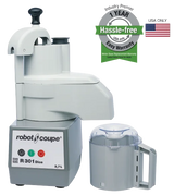 A silver and gray Robot Coupe R301 Dice Combination Food Processor with a 3.7-liter clear bowl, control buttons, handle, and dicing kit is shown. Next to it is a badge stating 1 Year Hassle-free Warranty (USA only) with an American flag.