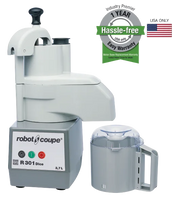 A silver and gray Robot Coupe R301 Dice Combination Food Processor with a 3.7-liter clear bowl, control buttons, handle, and dicing kit is shown. Next to it is a badge stating 1 Year Hassle-free Warranty (USA only) with an American flag.
