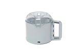 A compact electric appliance, the Robot Coupe R301 Dice Combination Food Processor features a cylindrical white base, a large right-side handle, and a clear dome-shaped lid with latch—ideal for use with a dicing kit. Photographed against a plain white background.