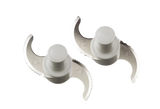 Two metal food processor blades with curved, sharp edges are shown on a white background. Compatible with the Robot Coupe R301 Dice Combination Food Processor, each blade features a central white plastic hub and either smooth or serrated edges.