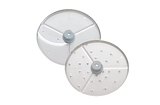 Two round metal food processor discs with gray plastic centers, compatible with the Robot Coupe R301 Dice Food Processor. One is smooth for slicing, the other perforated for shredding—perfect accessories for your combination food processor.