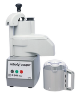 A commercial Robot Coupe R301 Dice Food Processor in gray and white, featuring control buttons and a handle. Next to it is a detachable clear and gray plastic container with a handle and lid for versatile food preparation tasks.
