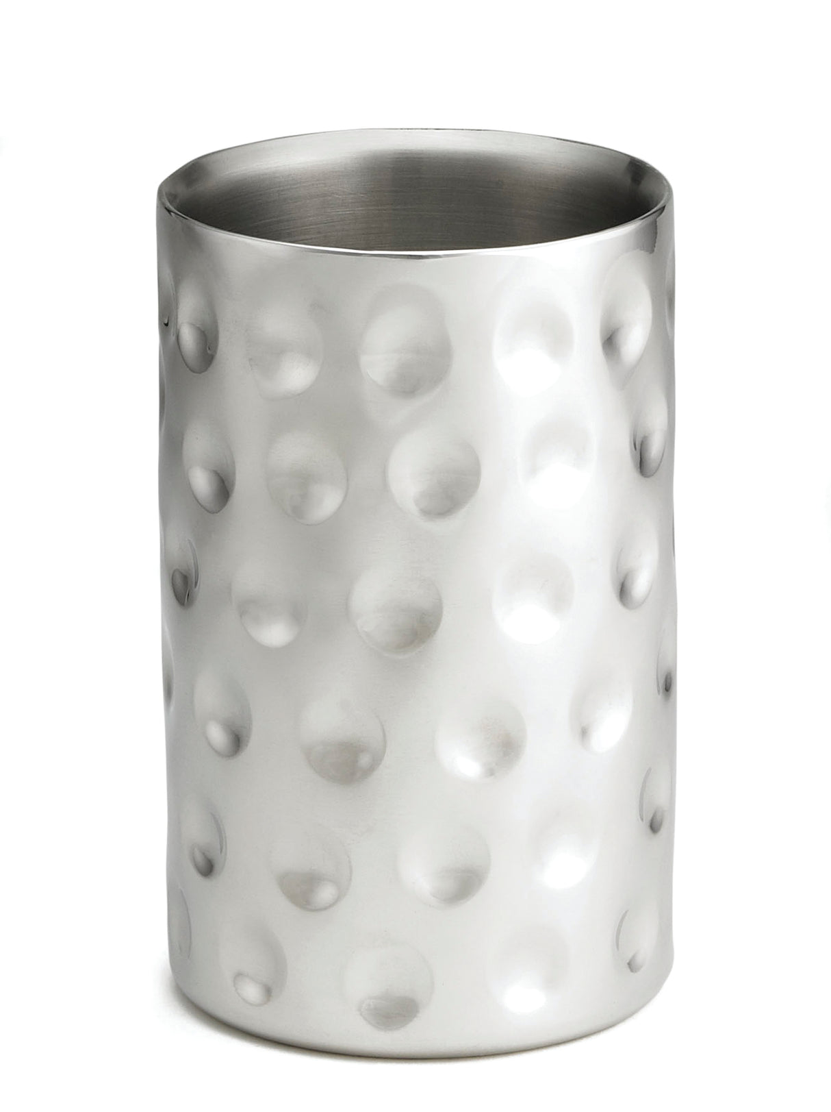 A tall, cylindrical stainless steel cup with double wall insulation features a brushed finish and a pattern of evenly spaced, indented circular dimples. The smooth interior and rounded rim make it ideal as a stylish wine cooler against a white background.