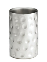 A tall, cylindrical stainless steel cup with double wall insulation features a brushed finish and a pattern of evenly spaced, indented circular dimples. The smooth interior and rounded rim make it ideal as a stylish wine cooler against a white background.