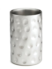A tall, cylindrical stainless steel cup with double wall insulation features a brushed finish and a pattern of evenly spaced, indented circular dimples. The smooth interior and rounded rim make it ideal as a stylish wine cooler against a white background.