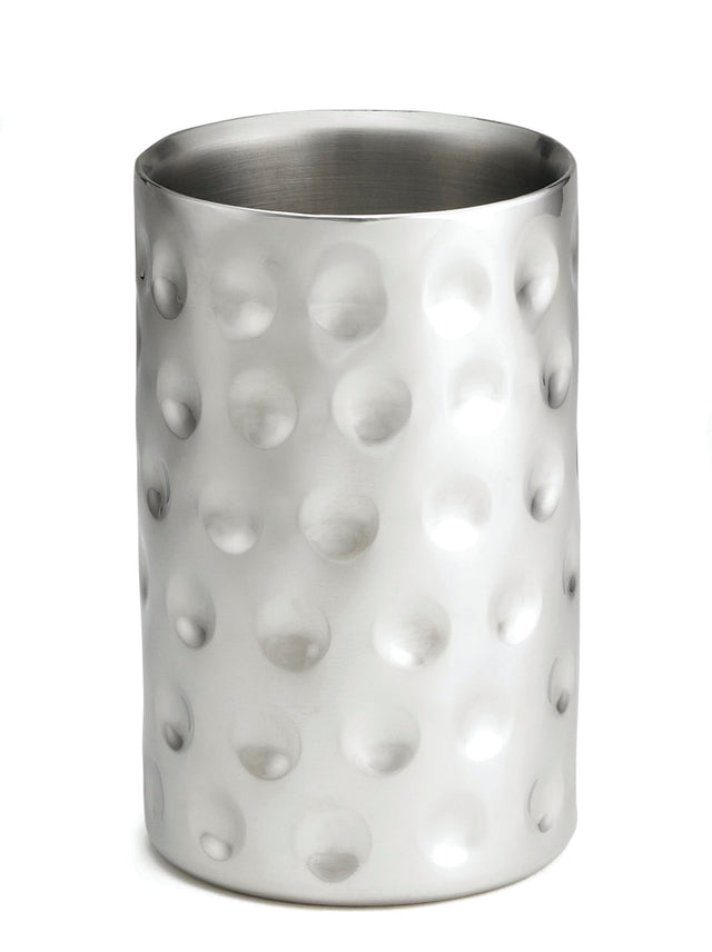 A tall, cylindrical stainless steel cup with double wall insulation features a brushed finish and a pattern of evenly spaced, indented circular dimples. The smooth interior and rounded rim make it ideal as a stylish wine cooler against a white background.