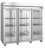 A large Steelheart Series Refrigerator with three tall glass doors, each revealing multiple adjustable wire shelves inside. This reach-in refrigerator stands on wheels for mobility and has a digital control panel on the top right corner.