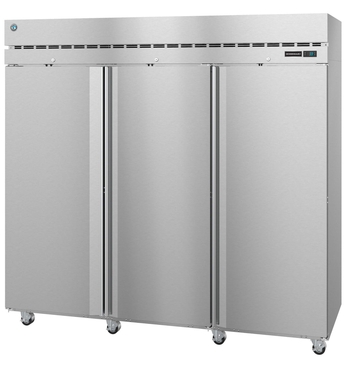 A large Steelheart Series reach-in refrigerator with three tall doors and four wheels. This commercial refrigerator features a vented panel at the top, a small digital control display on the right, and a smooth, sleek stainless steel finish.