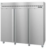 A large Steelheart Series reach-in refrigerator with three tall doors and four wheels. This commercial refrigerator features a vented panel at the top, a small digital control display on the right, and a smooth, sleek stainless steel finish.