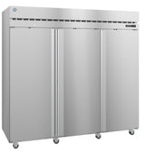 A large, industrial Steelheart Series commercial refrigerator on wheels. This reach-in refrigerator features a digital display and vent at the top, with smooth, handle-free doors, ideal for restaurant or food service environments.