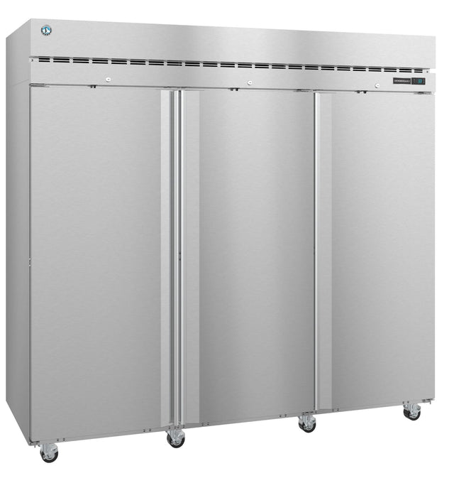A large, industrial Steelheart Series commercial refrigerator on wheels. This reach-in refrigerator features a digital display and vent at the top, with smooth, handle-free doors, ideal for restaurant or food service environments.