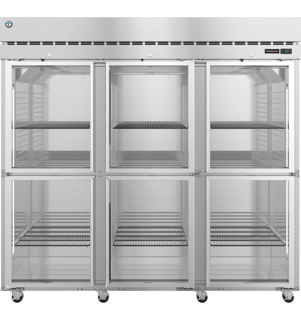 A large, commercial Hoshizaki Steelheart Series reach-in refrigerator with six glass doors and multiple wire shelves inside. The unit stands on caster wheels, features a vented top panel, and offers clear visibility through the spotless glass doors.