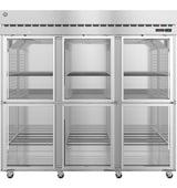 A large, commercial Hoshizaki Steelheart Series reach-in refrigerator with six glass doors and multiple wire shelves inside. The unit stands on caster wheels, features a vented top panel, and offers clear visibility through the spotless glass doors.