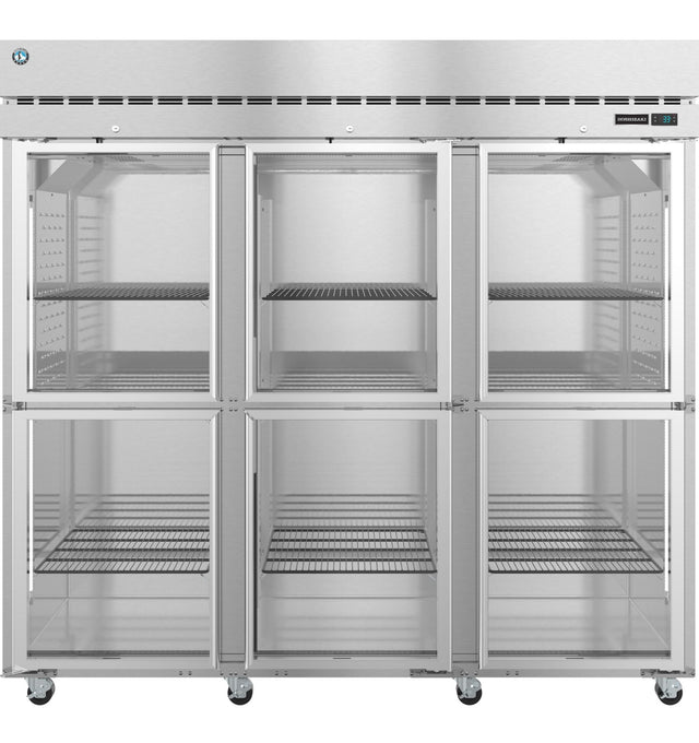 A large, commercial Hoshizaki Steelheart Series reach-in refrigerator with six glass doors and multiple wire shelves inside. The unit stands on caster wheels, features a vented top panel, and offers clear visibility through the spotless glass doors.