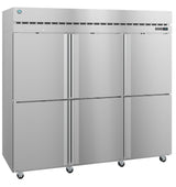 A large Steelheart Series reach-in refrigerator made of industrial stainless steel, featuring six vertical doors with straight handles. It stands on caster wheels and has a vented top panel and a digital temperature display on the upper right.