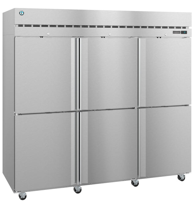 A large Steelheart Series reach-in refrigerator made of industrial stainless steel, featuring six vertical doors with straight handles. It stands on caster wheels and has a vented top panel and a digital temperature display on the upper right.
